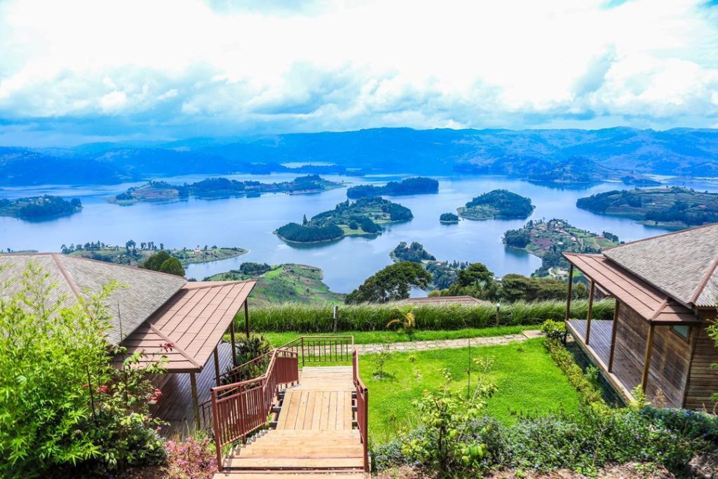 Scenic Lake Bunyonyi in Uganda surrounded by green terraced hills and small islands