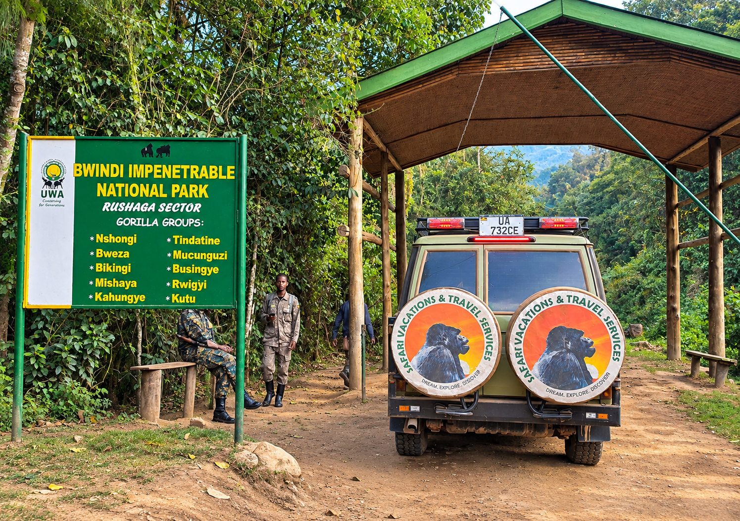 Gorilla Trekking in Uganda and Rwanda 5 Bwindi gorilla trekking visitors and silverback